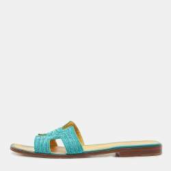 Hermes Blue Twisted Metal Fabric Oran Flat Slides Size 40.5