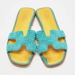 Hermes Blue Twisted Metal Fabric Oran Flat Slides Size 40.5