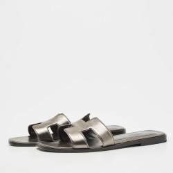 Hermes Metallic Bronze  Leather Oran Slide Flats Size 37
