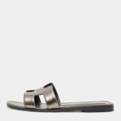 Hermes Metallic Bronze  Leather Oran Slide Flats Size 37