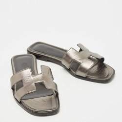 Hermes Metallic Bronze  Leather Oran Slide Flats Size 37