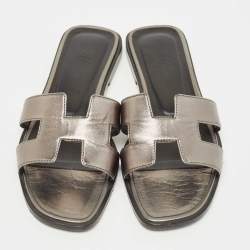 Hermes Metallic Bronze  Leather Oran Slide Flats Size 37
