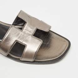 Hermes Metallic Bronze  Leather Oran Slide Flats Size 37