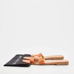 Pre Owned Hermes Orange Leather Oran Flat Slides Size 41