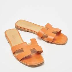 Pre Owned Hermes Orange Leather Oran Flat Slides Size 41