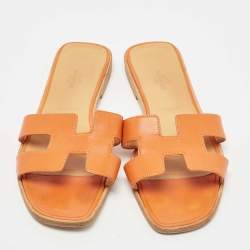 Pre Owned Hermes Orange Leather Oran Flat Slides Size 41