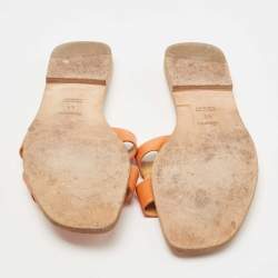 Pre Owned Hermes Orange Leather Oran Flat Slides Size 41