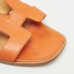 Pre Owned Hermes Orange Leather Oran Flat Slides Size 41