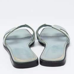 Pre Owned Hermes Blue Leather Oran Flat Slides Size 38.5