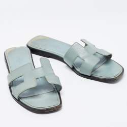 Pre Owned Hermes Blue Leather Oran Flat Slides Size 38.5
