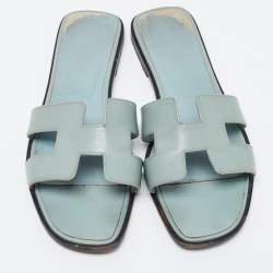 Pre Owned Hermes Blue Leather Oran Flat Slides Size 38.5
