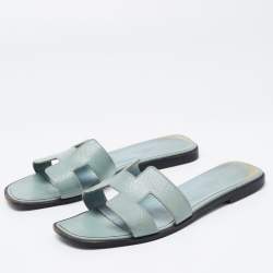 Pre Owned Hermes Blue Leather Oran Flat Slides Size 38.5