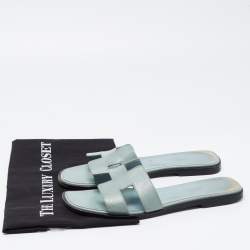 Pre Owned Hermes Blue Leather Oran Flat Slides Size 38.5
