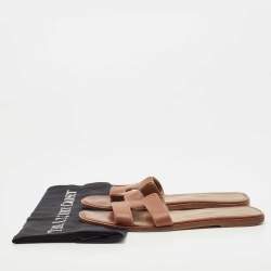 Hermes Brown Leather Oran Flat Slides Size 38.5