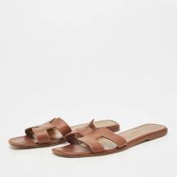 Hermes Brown Leather Oran Flat Slides Size 38.5