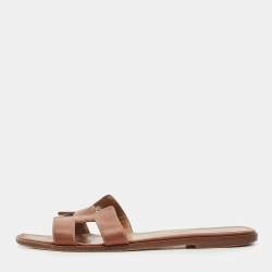 Hermes Brown Leather Oran Flat Slides Size 38.5