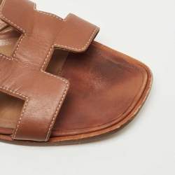 Hermes Brown Leather Oran Flat Slides Size 38.5