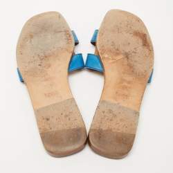 Pre Owned Hermes Blue Leather Oran Flat Slides Size 37.5