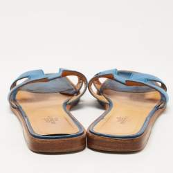 Pre Owned Hermes Blue Leather Oran Flat Slides Size 37.5