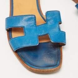 Pre Owned Hermes Blue Leather Oran Flat Slides Size 37.5