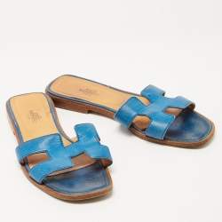 Pre Owned Hermes Blue Leather Oran Flat Slides Size 37.5