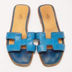 Pre Owned Hermes Blue Leather Oran Flat Slides Size 37.5