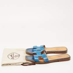 Pre Owned Hermes Blue Leather Oran Flat Slides Size 37.5