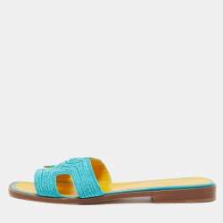 Hermes Blue Twisted Metal Thread Oran Flat Slides Size 39