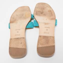 Hermes Blue Twisted Metal Thread Oran Flat Slides Size 39