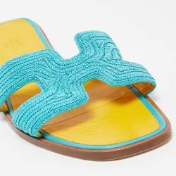 Hermes Blue Twisted Metal Thread Oran Flat Slides Size 39