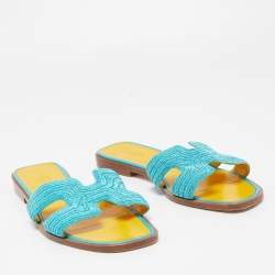 Hermes Blue Twisted Metal Thread Oran Flat Slides Size 39