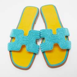 Hermes Blue Twisted Metal Thread Oran Flat Slides Size 39