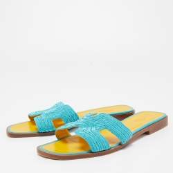 Hermes Blue Twisted Metal Thread Oran Flat Slides Size 39