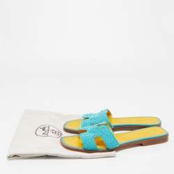 Hermes Blue Twisted Metal Thread Oran Flat Slides Size 39