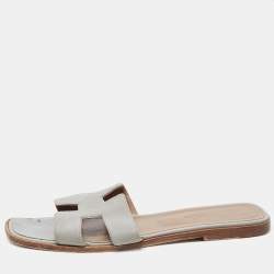 Hermes Grey Textured Leather Oran Flat Slides Size 41