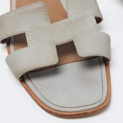 Hermes Grey Textured Leather Oran Flat Slides Size 41