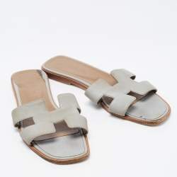 Hermes Grey Textured Leather Oran Flat Slides Size 41