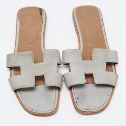 Hermes Grey Textured Leather Oran Flat Slides Size 41