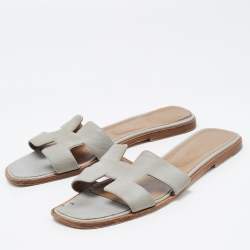 Hermes Grey Textured Leather Oran Flat Slides Size 41