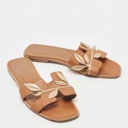 Hermes Tan Leather Leaves Oran Flat Slides Size 39