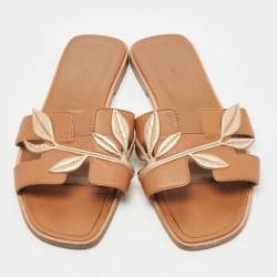 Hermes Tan Leather Leaves Oran Flat Slides Size 39