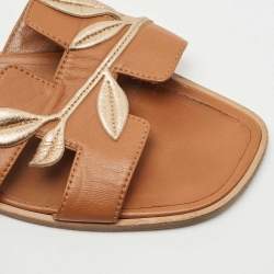Hermes Tan Leather Leaves Oran Flat Slides Size 39