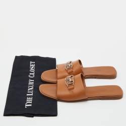 Hermes Brown Leather Villa Flat Slides Size 40
