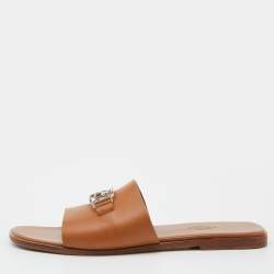 Hermes Brown Leather Villa Flat Slides Size 40