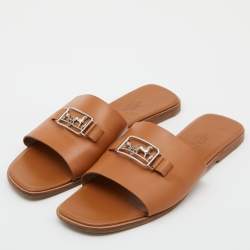 Hermes Brown Leather Villa Flat Slides Size 40