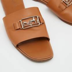 Hermes Brown Leather Villa Flat Slides Size 40