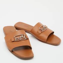 Hermes Brown Leather Villa Flat Slides Size 40