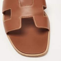 Pre Owned Hermes Brown Leather Oran Flat Slides Size 37  