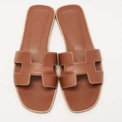 Pre Owned Hermes Brown Leather Oran Flat Slides Size 37  