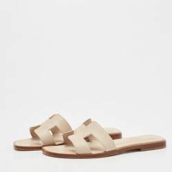 Pre Owned Hermes Cream Leather Oran Flat Slides Size 36.5